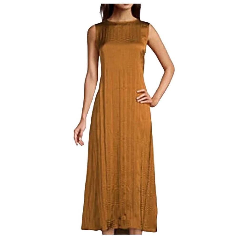 Worthington Gold Silky Crinkle Sleeveless Back Cutout A-Line Midi Dress Sz lg